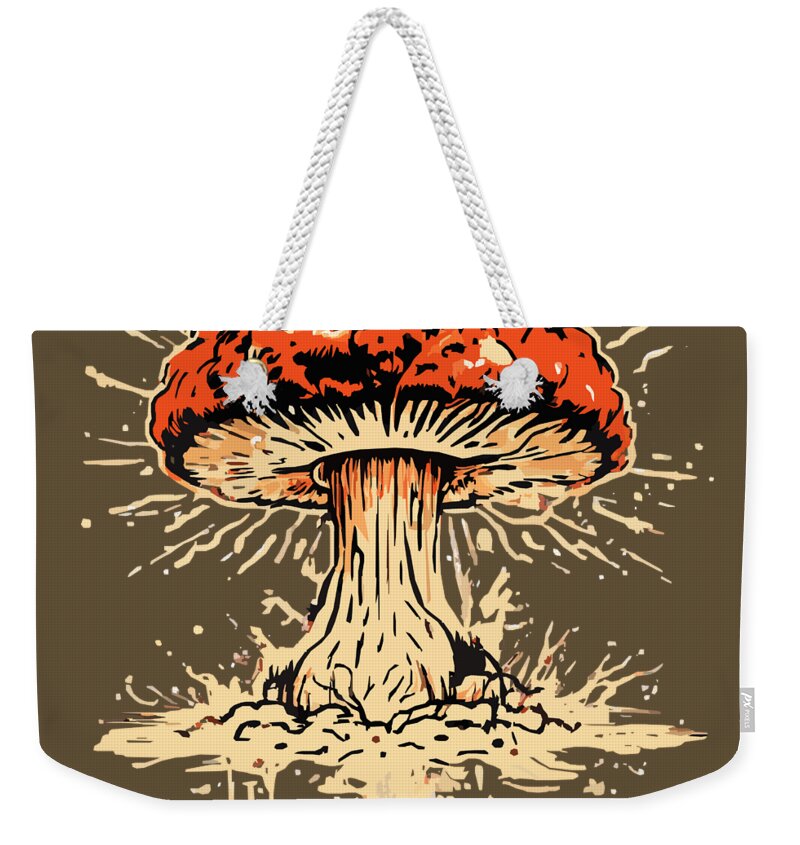Weekender tote bag with rope handles and mushroom graphic on brown fabric.