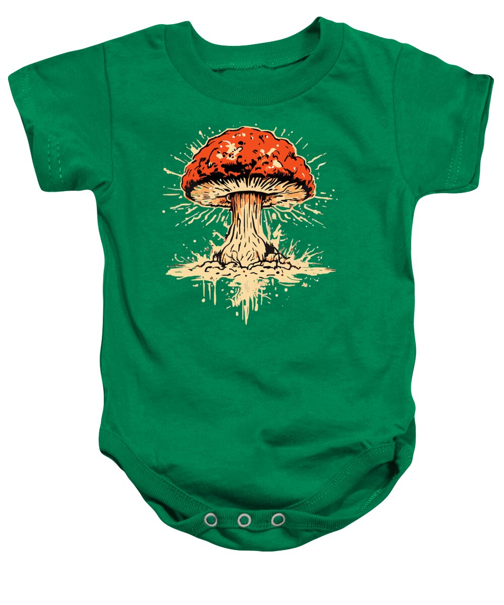 Green baby onesie with short sleeves and explosive mushroom graphic, snap closure.