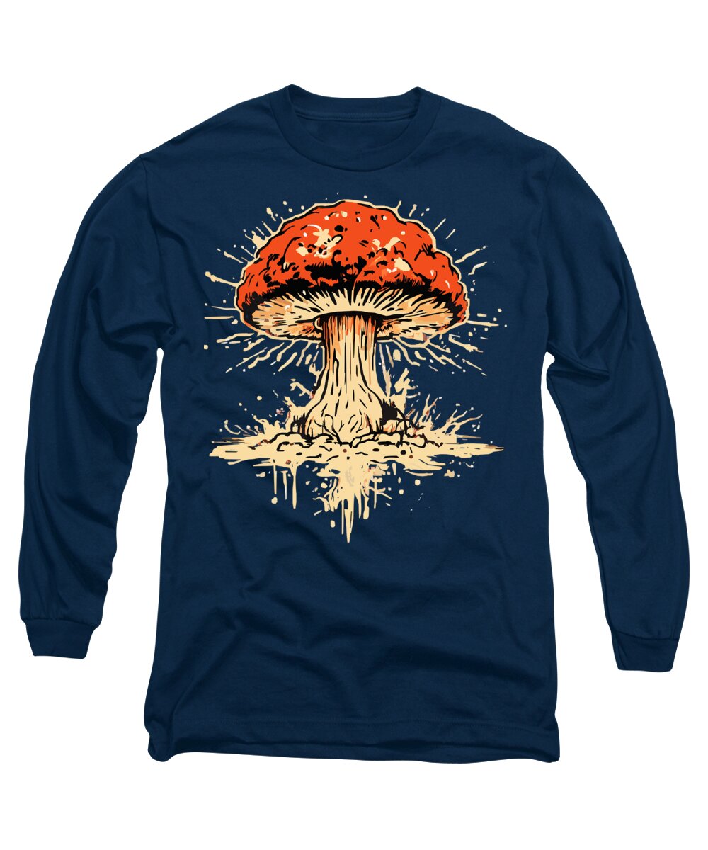 Navy long-sleeve T-shirt with orange mushroom graphic on front.