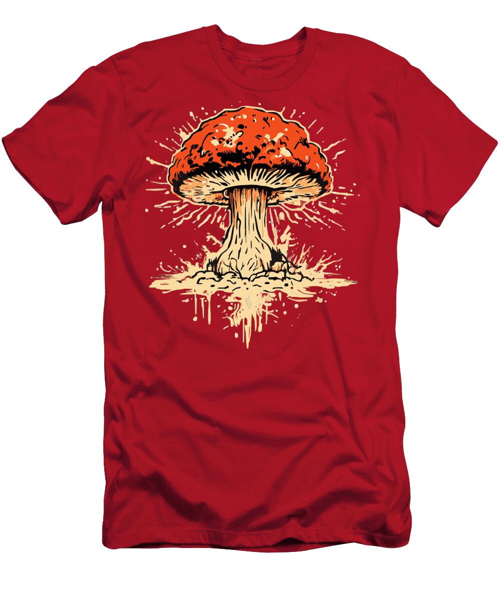 Red T-shirt with orange and beige mushroom graphic on the front