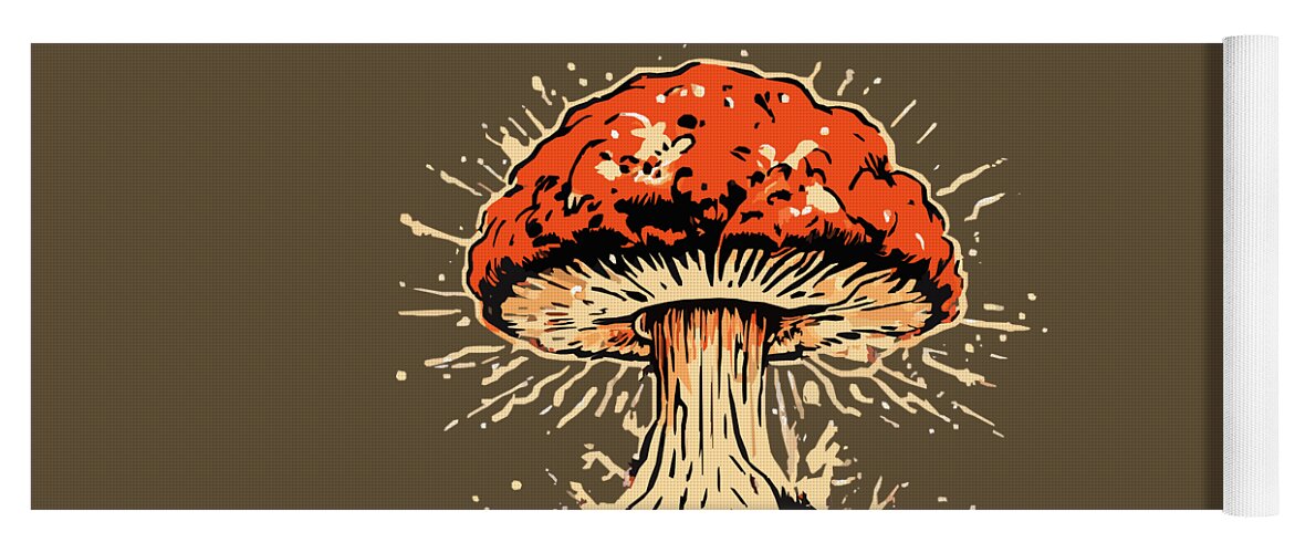 Yoga mat with explosive mushroom graphic, orange cap and cream gills on dark brown