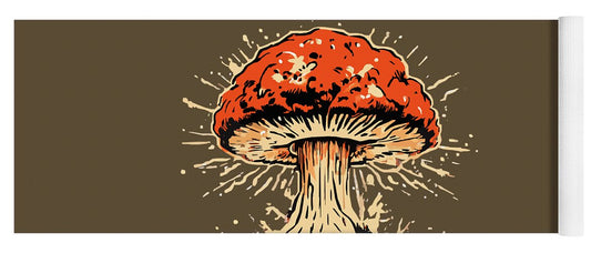 Yoga mat with explosive mushroom graphic, orange cap and cream gills on dark brown