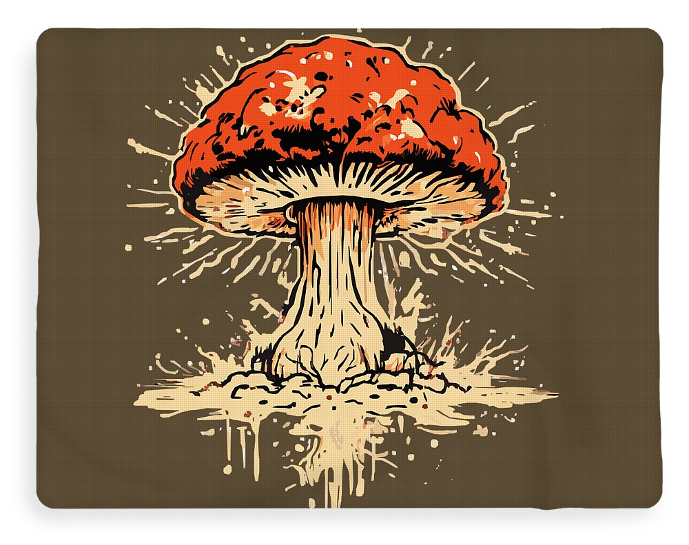 Mushroom blanket with red-orange mushroom cap and beige splatter design on dark brown