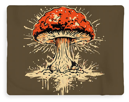 Mushroom blanket with red-orange mushroom cap and beige splatter design on dark brown