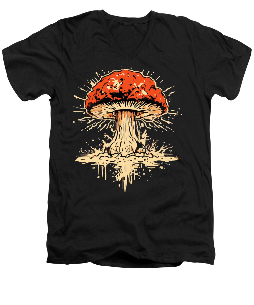 Men's V-neck t-shirt in black with orange-red mushroom front graphic.