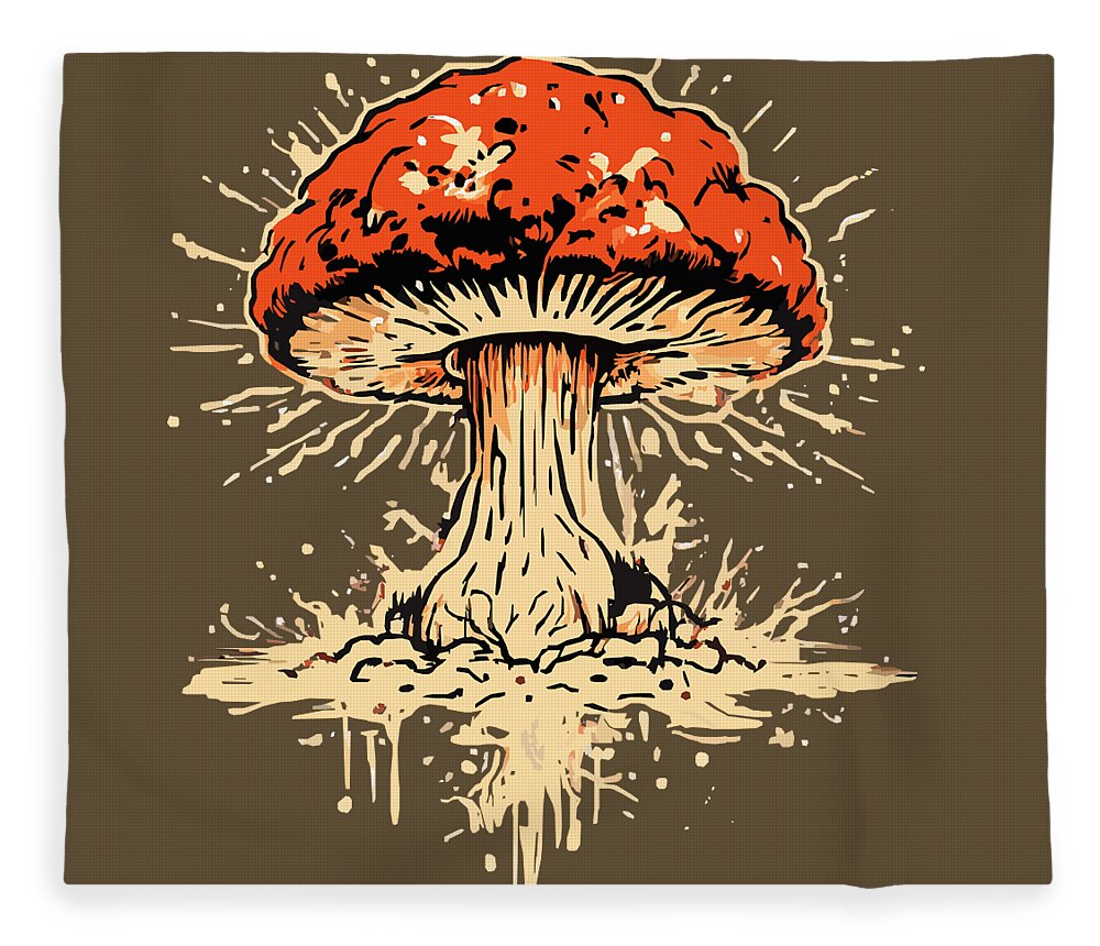 Mushroom blanket with bold orange-red explosive cap graphic on dark brown background