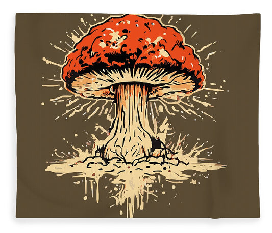Mushroom blanket with bold orange-red explosive cap graphic on dark brown background