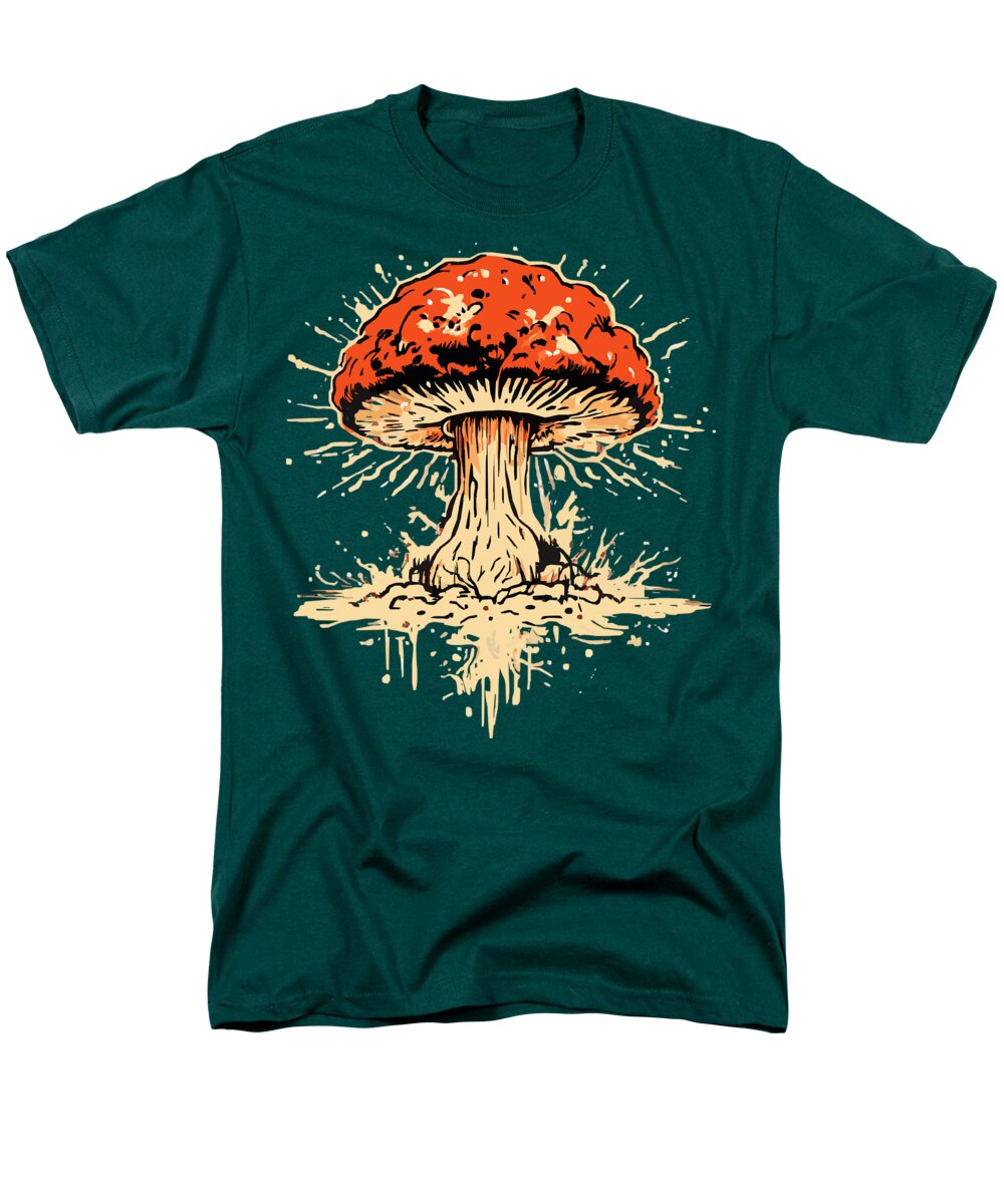Men's regular-fit T-shirt in dark green with orange mushroom explosion graphic.
