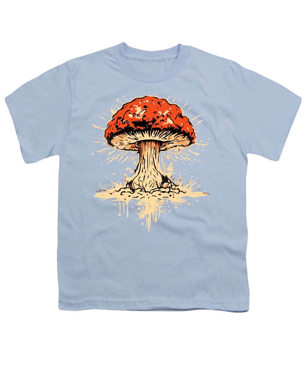 Light blue youth T-shirt with colorful exploding mushroom graphic on front