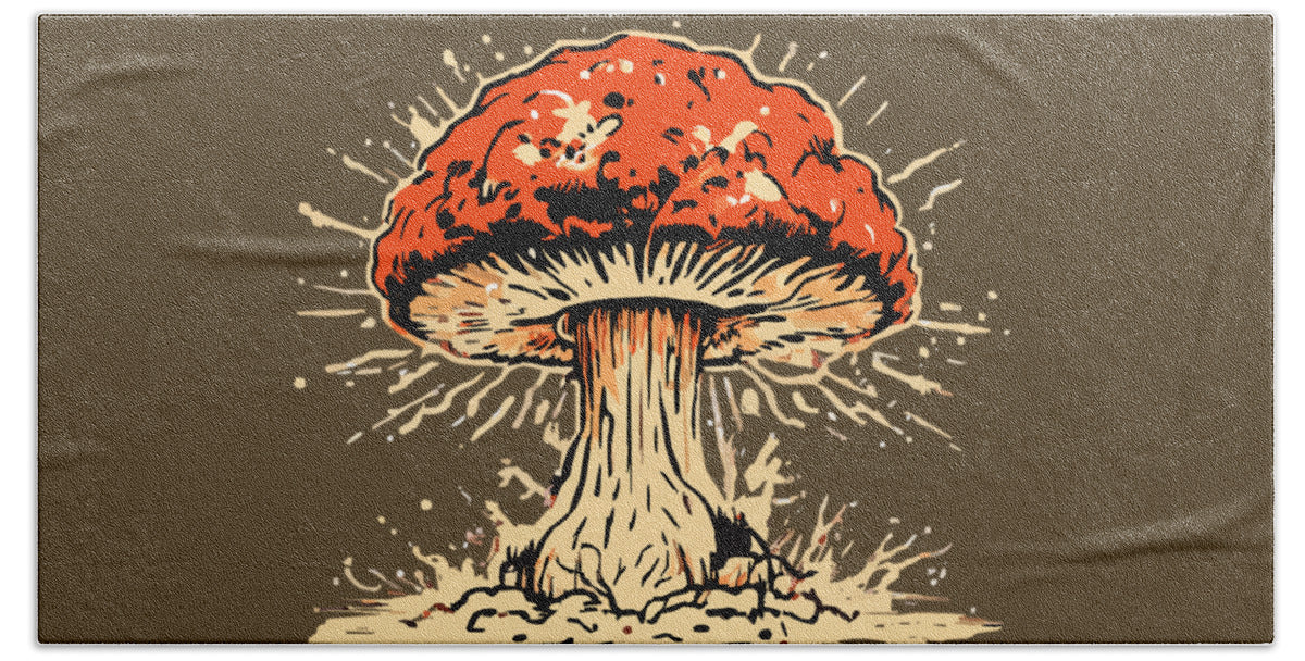 Beach towel with red exploding mushroom and cream stem graphic on dark background