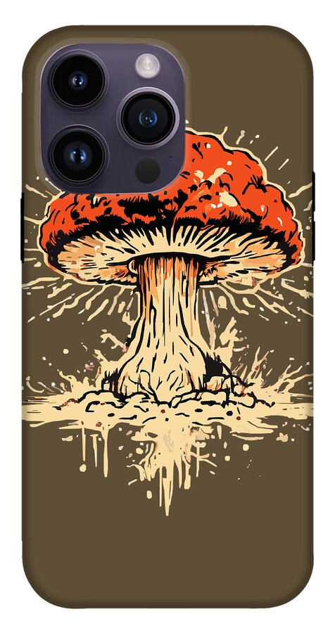 Brown phone case with orange mushroom illustration and three camera lens openings