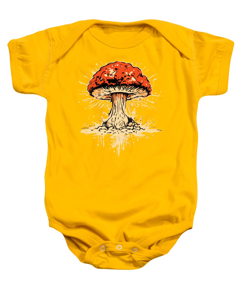 Yellow baby onesie with short sleeves and explosive mushroom graphic, snap closure.