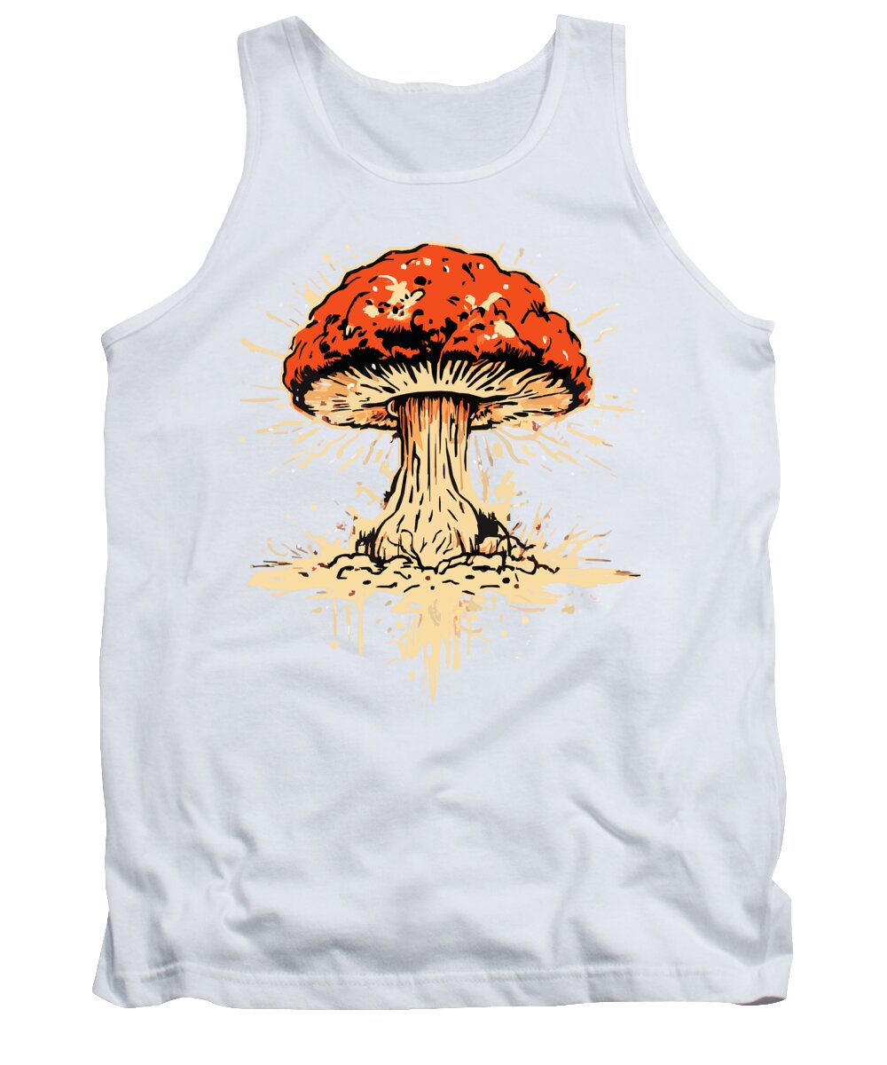 White tank top with orange mushroom graphic centered, sleeveless crew neck