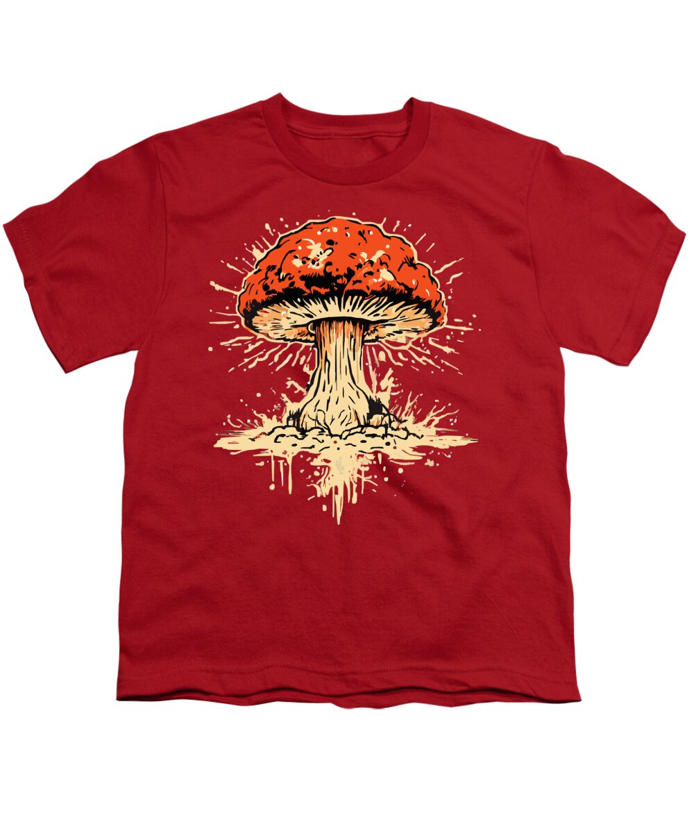 Red youth T-shirt with exploding mushroom graphic print on front