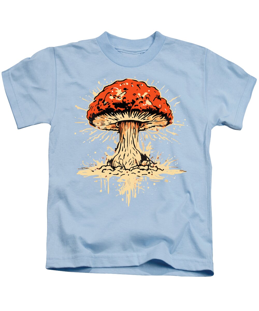 Kids t-shirt in powder blue with large orange-red exploding mushroom graphic