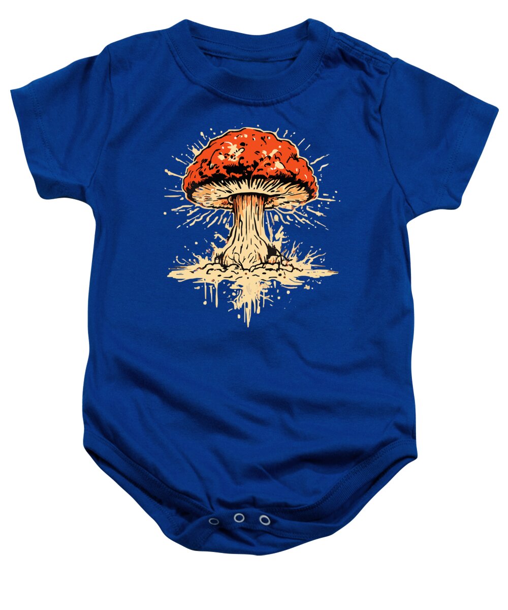 Blue baby onesie with orange and cream mushroom graphic, short sleeves, snap crotch