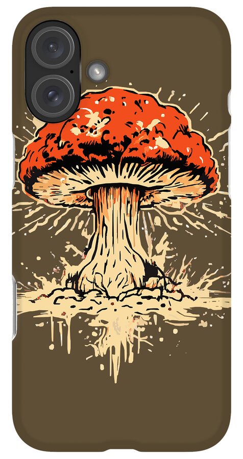Phone case with orange mushroom graphic and triple-lens camera cutouts on brown