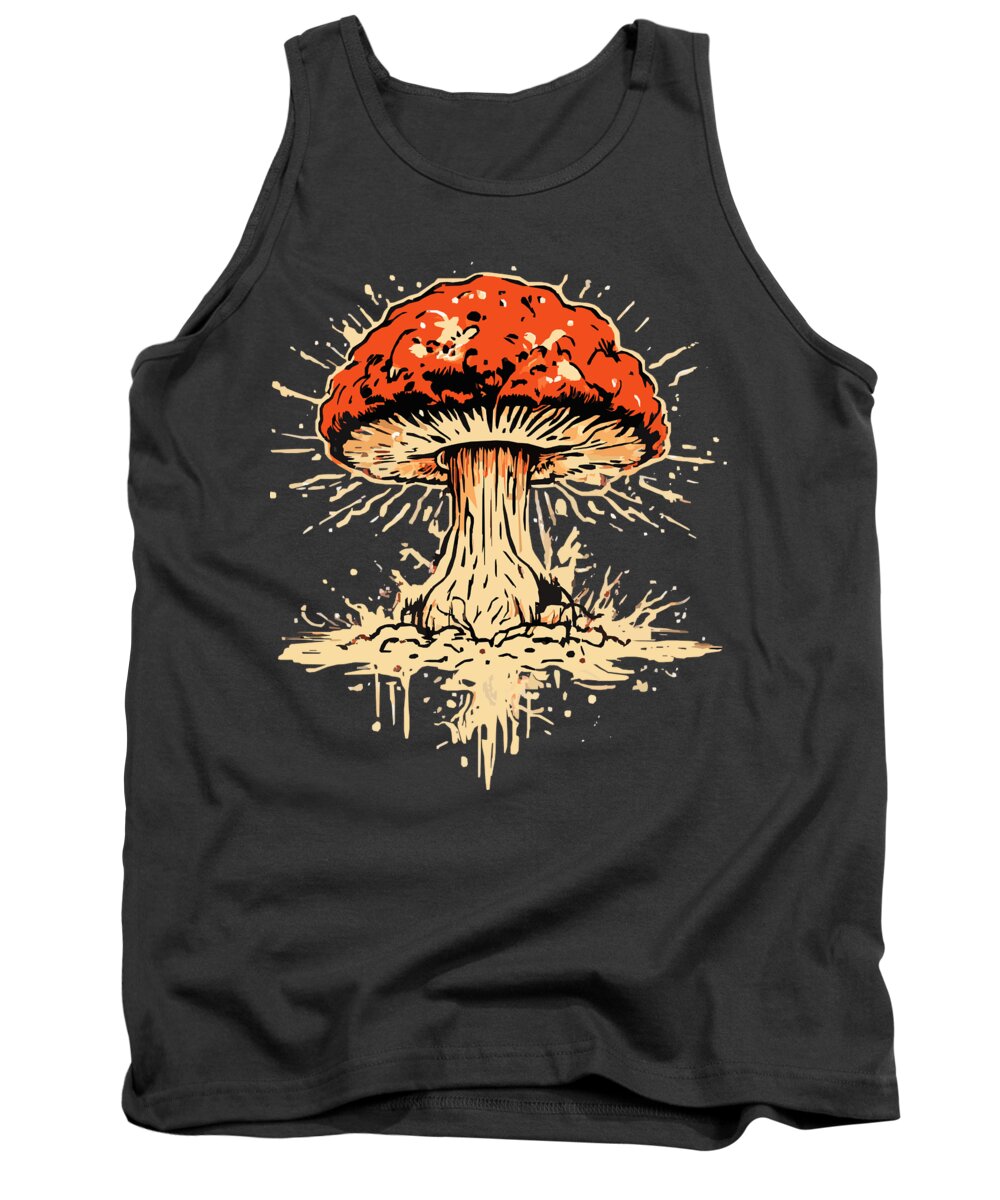 Black tank top with orange mushroom graphic, sleeveless crew neck