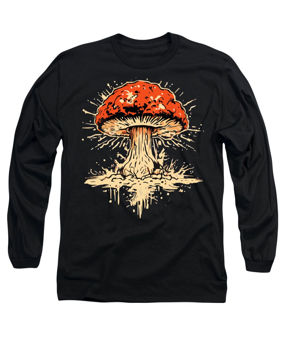 Black long-sleeve T-shirt with orange mushroom graphic on front.