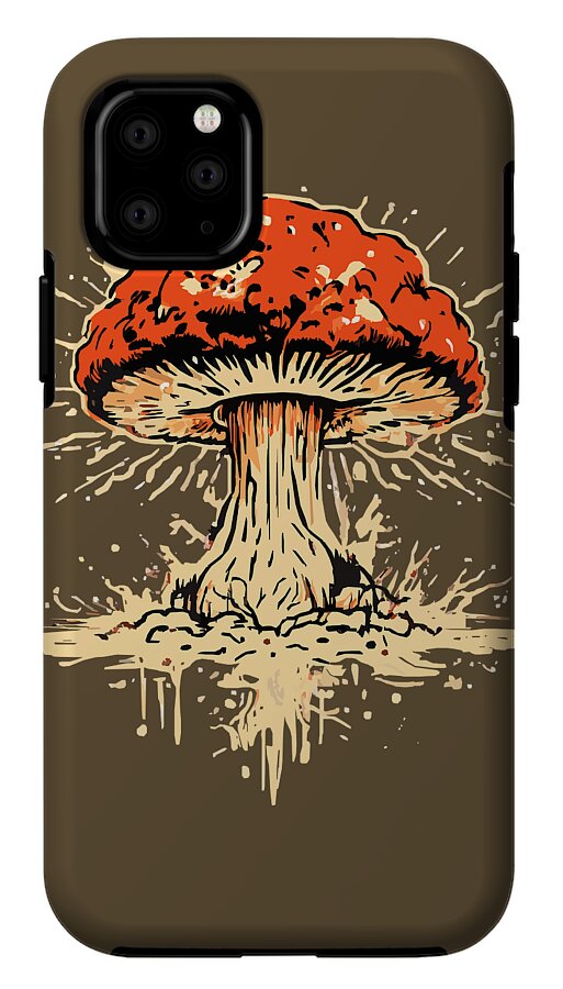 Phone case with orange mushroom explosion graphic, cream spray pattern, and quad-camera cutout