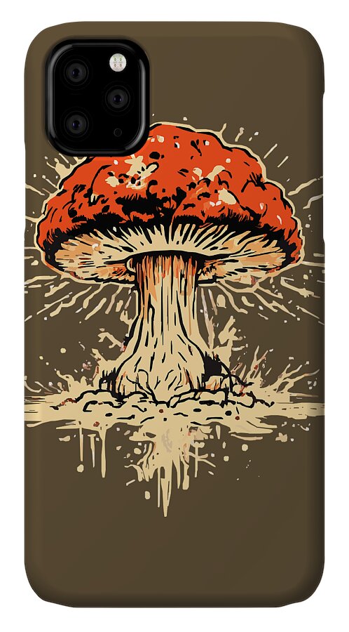 Phone case with orange mushroom explosion graphic, cream streaks, and black camera cutout