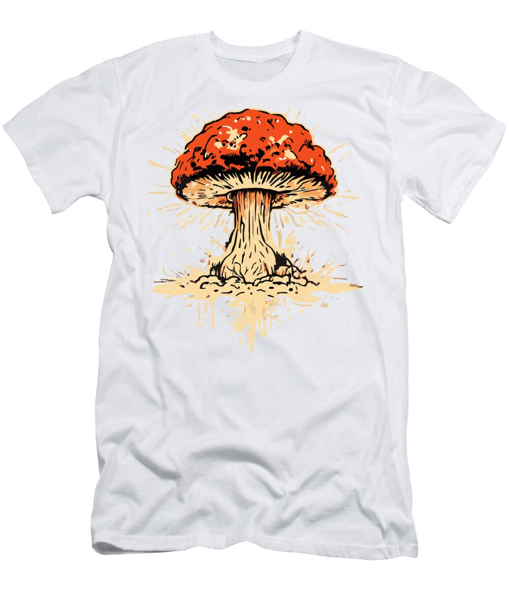 White T-shirt with orange and beige mushroom graphic on the front