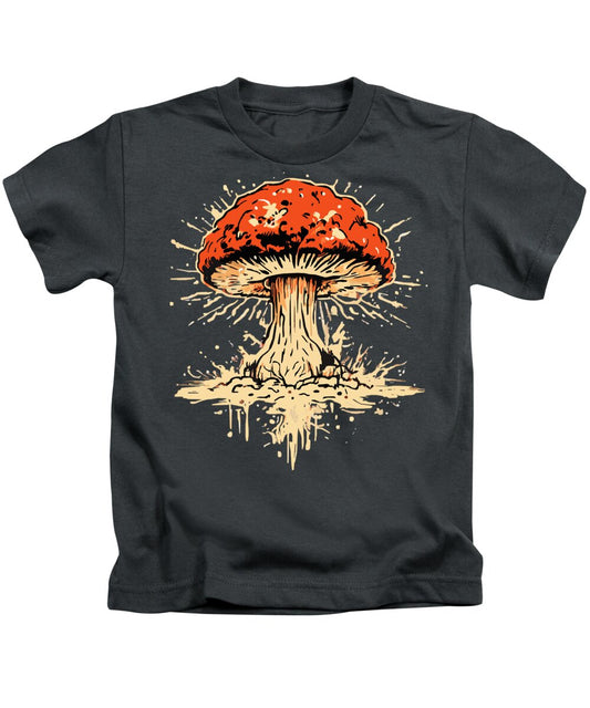 Kids t-shirt in charcoal with large orange-red exploding mushroom graphic