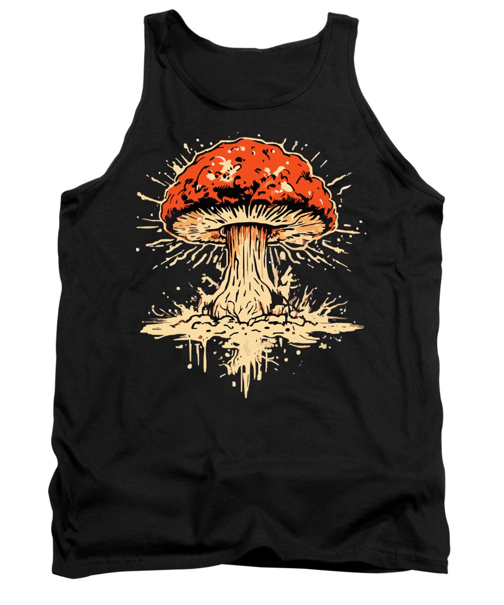 Black tank top with large orange mushroom print centered, sleeveless