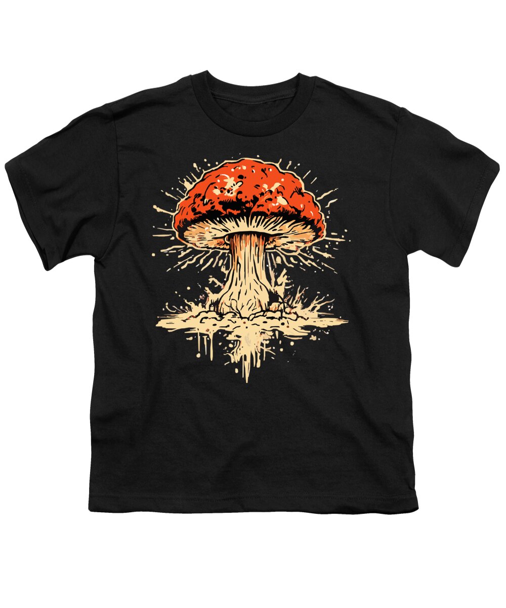 Black youth T-shirt with explosive mushroom graphic in orange and beige.