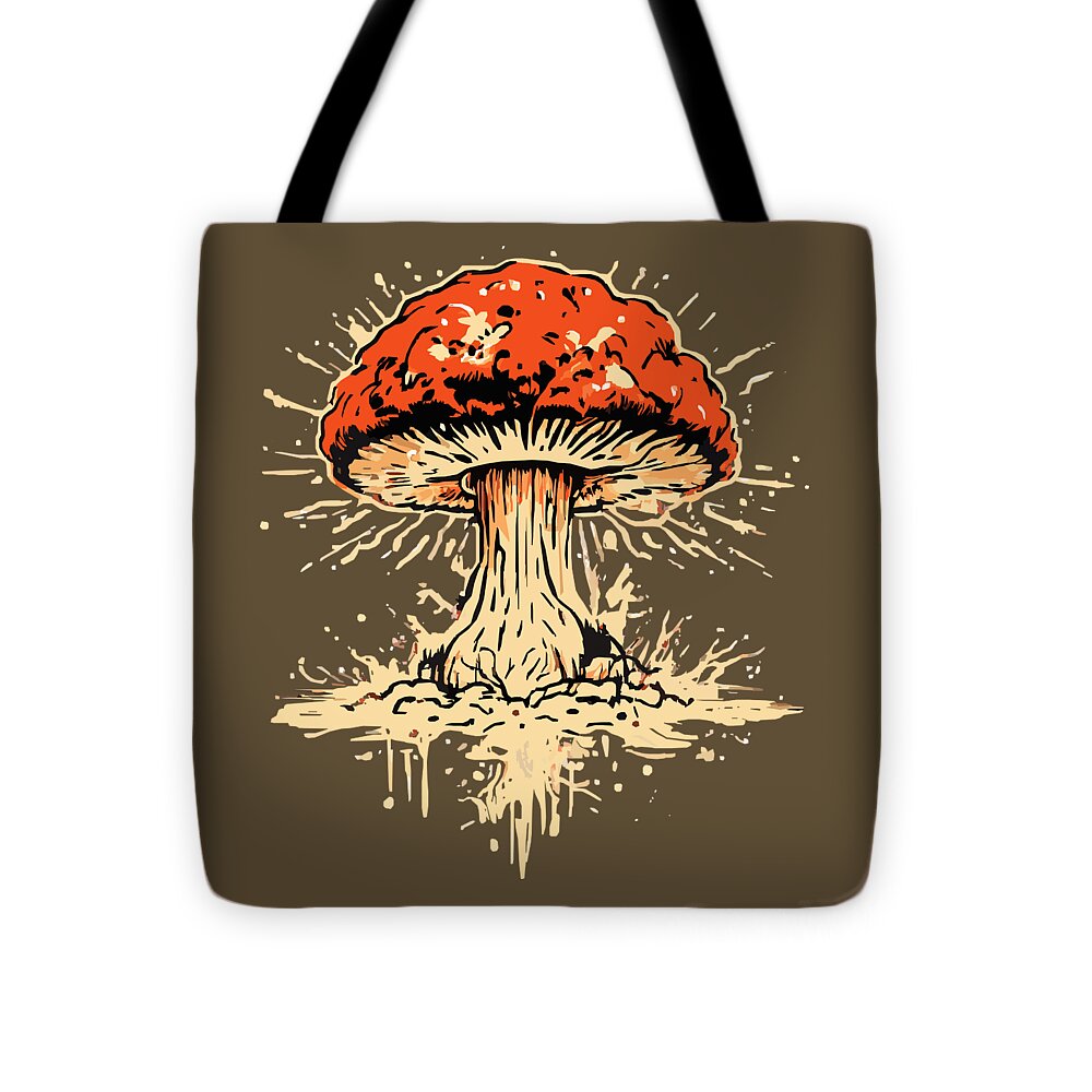 Dark brown tote bag with black handles and centered orange mushroom graphic
