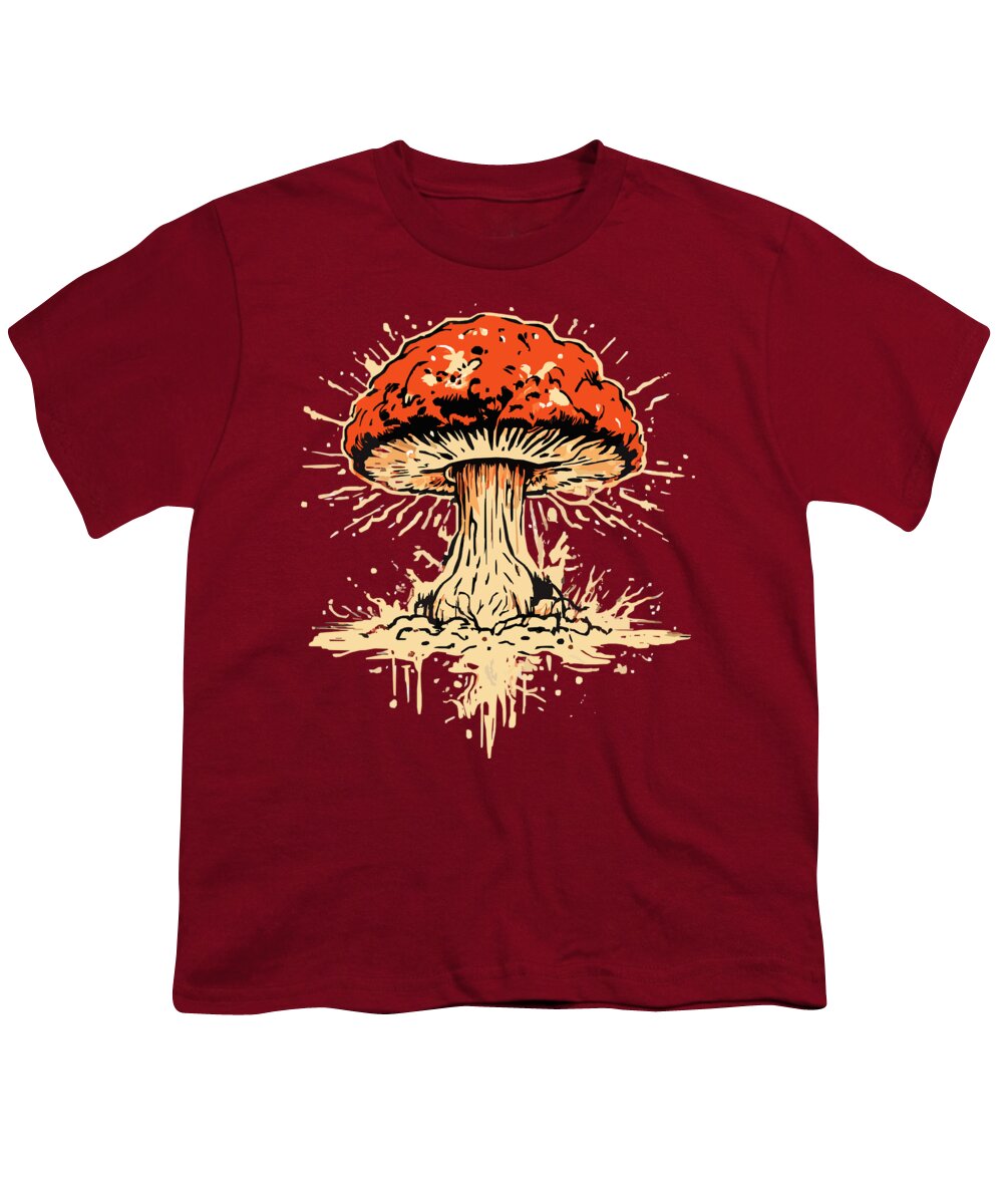 Cardinal red youth T-shirt with explosive mushroom graphic in orange and beige.