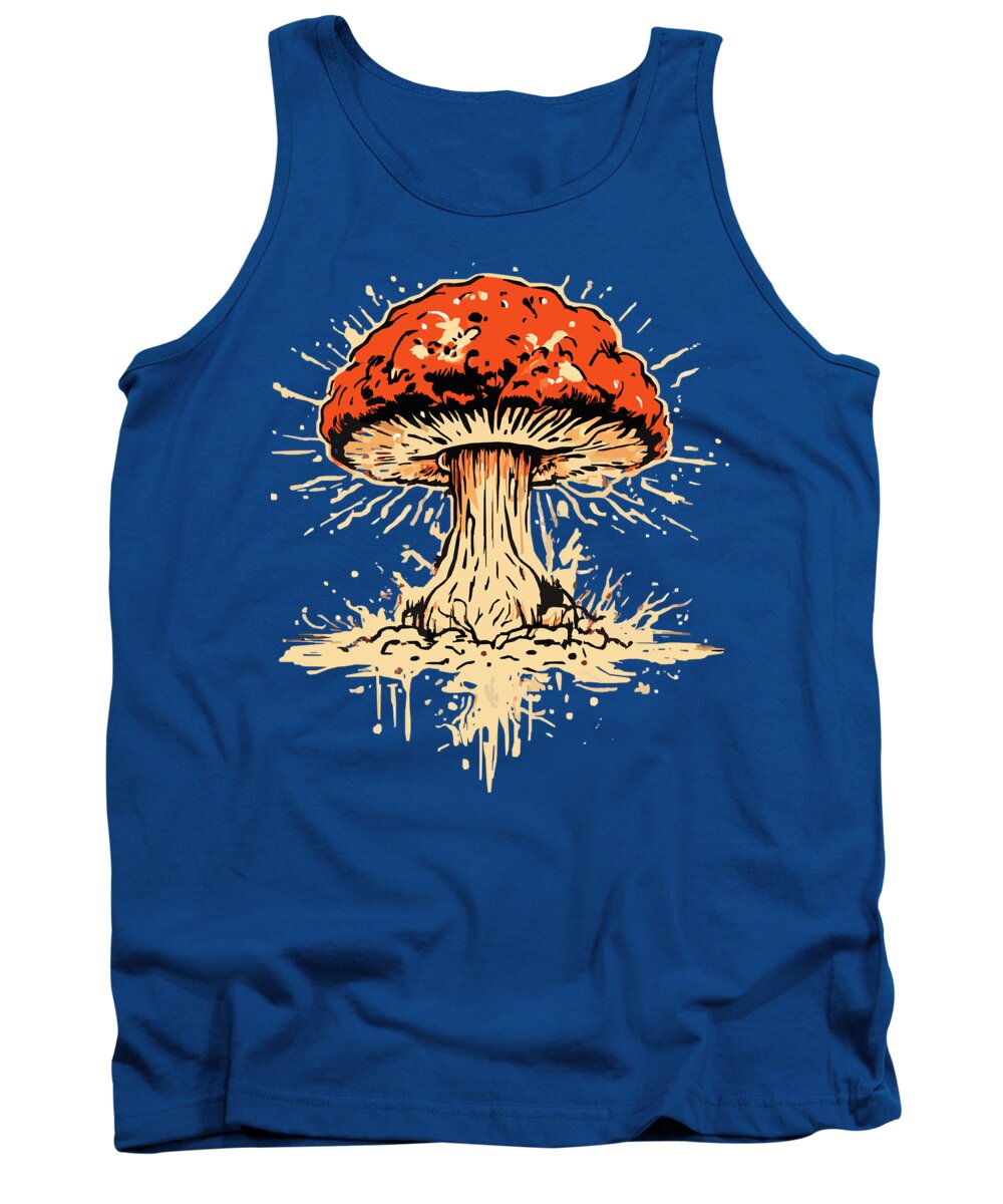 Royal blue tank top with orange mushroom graphic centered, sleeveless