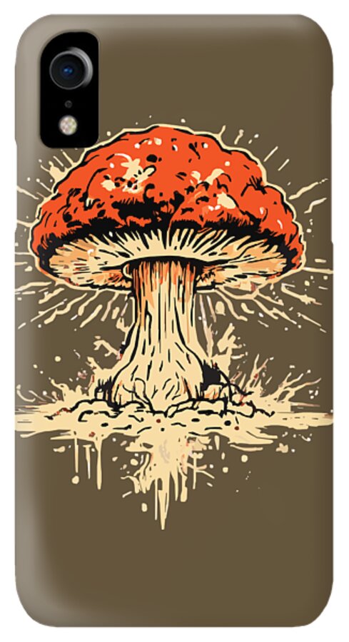 Phone case with orange mushroom graphic and single camera cutout on brown