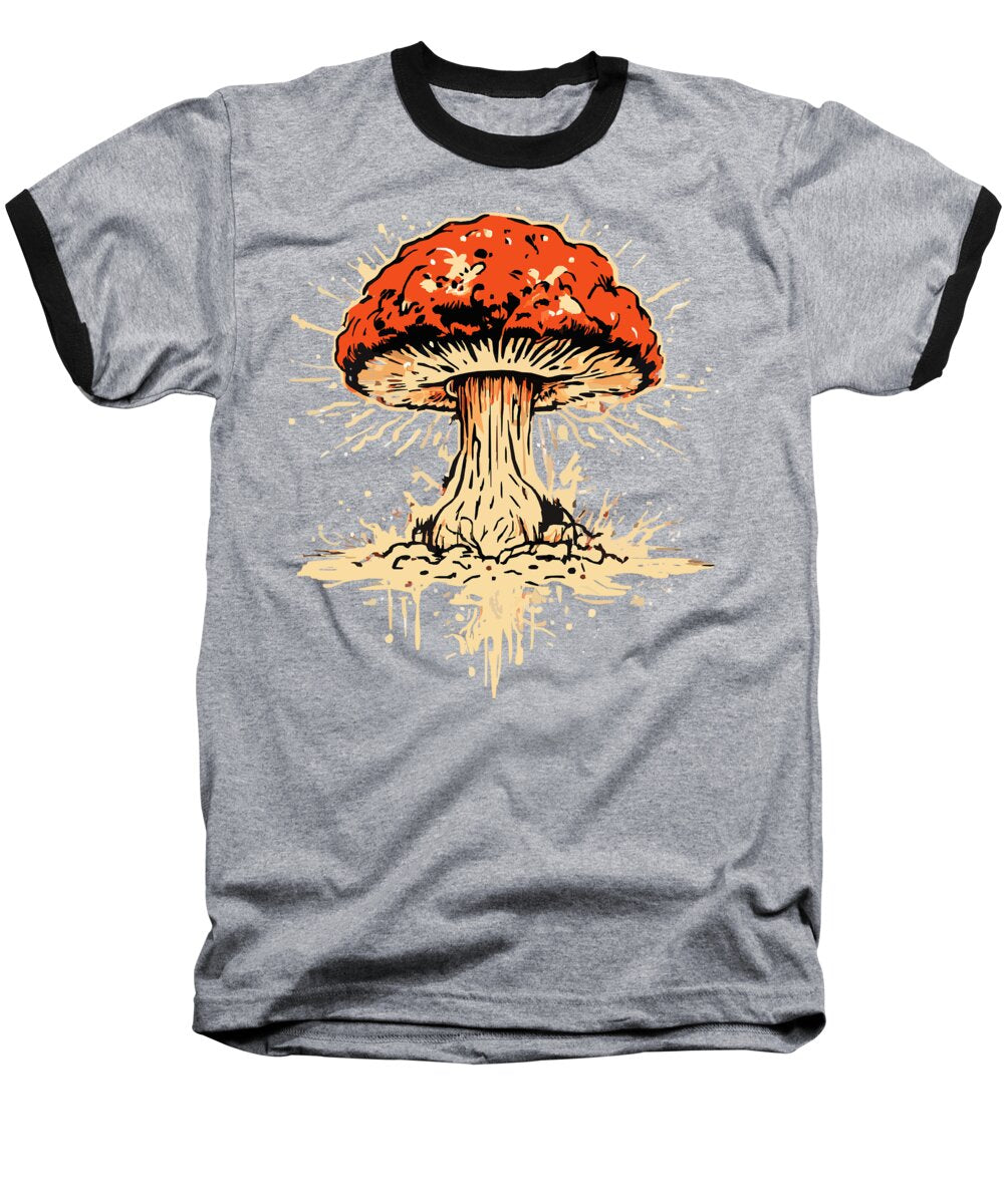 Heather gray baseball T-shirt, black trim, orange mushroom front graphic