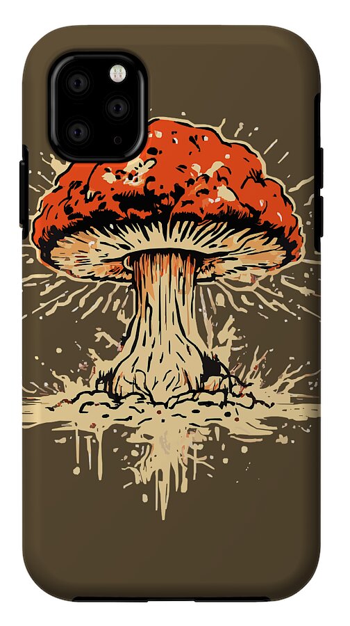 Phone case with orange mushroom explosion graphic, cream splatter, and black camera panel