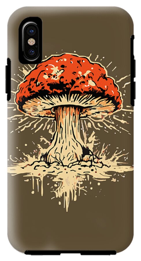 Phone case with orange mushroom graphic and side camera cutout on brown