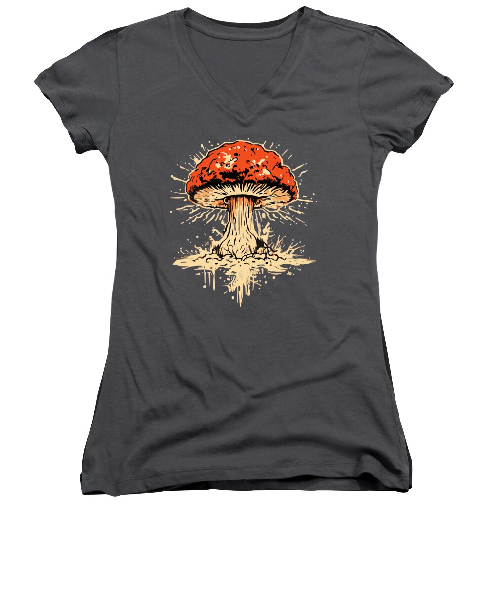 Charcoal women's V-neck T-shirt with colorful exploding mushroom graphic