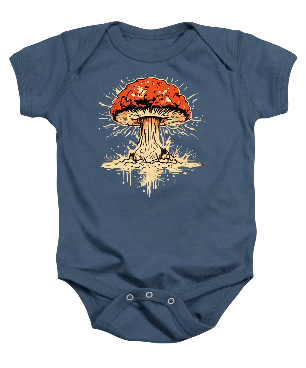 Navy baby onesie with short sleeves and explosive mushroom graphic, snap closure.