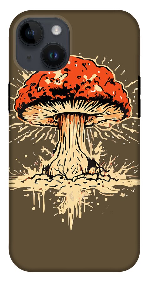 Brown phone case with orange-red mushroom illustration and three camera cutouts