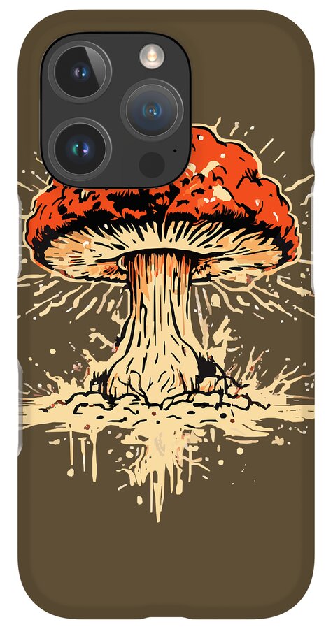 Phone case with orange mushroom graphic and quad-lens camera cutout on brown