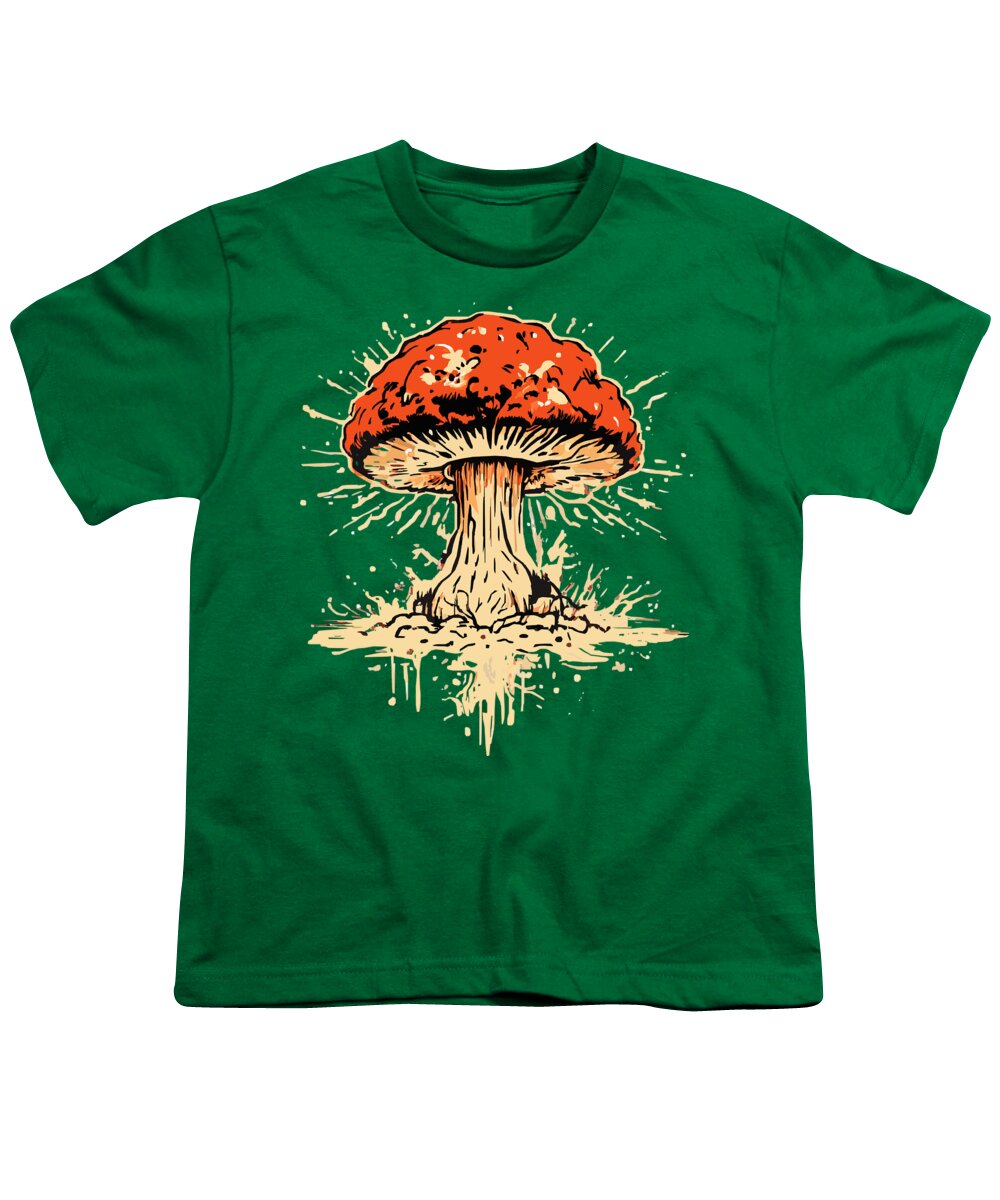 Forest green youth T-shirt with explosive mushroom graphic in orange and beige.