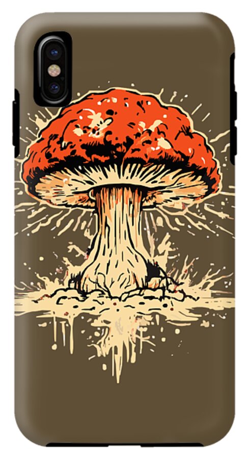 Phone case with orange mushroom graphic and single dark camera cutout on brown