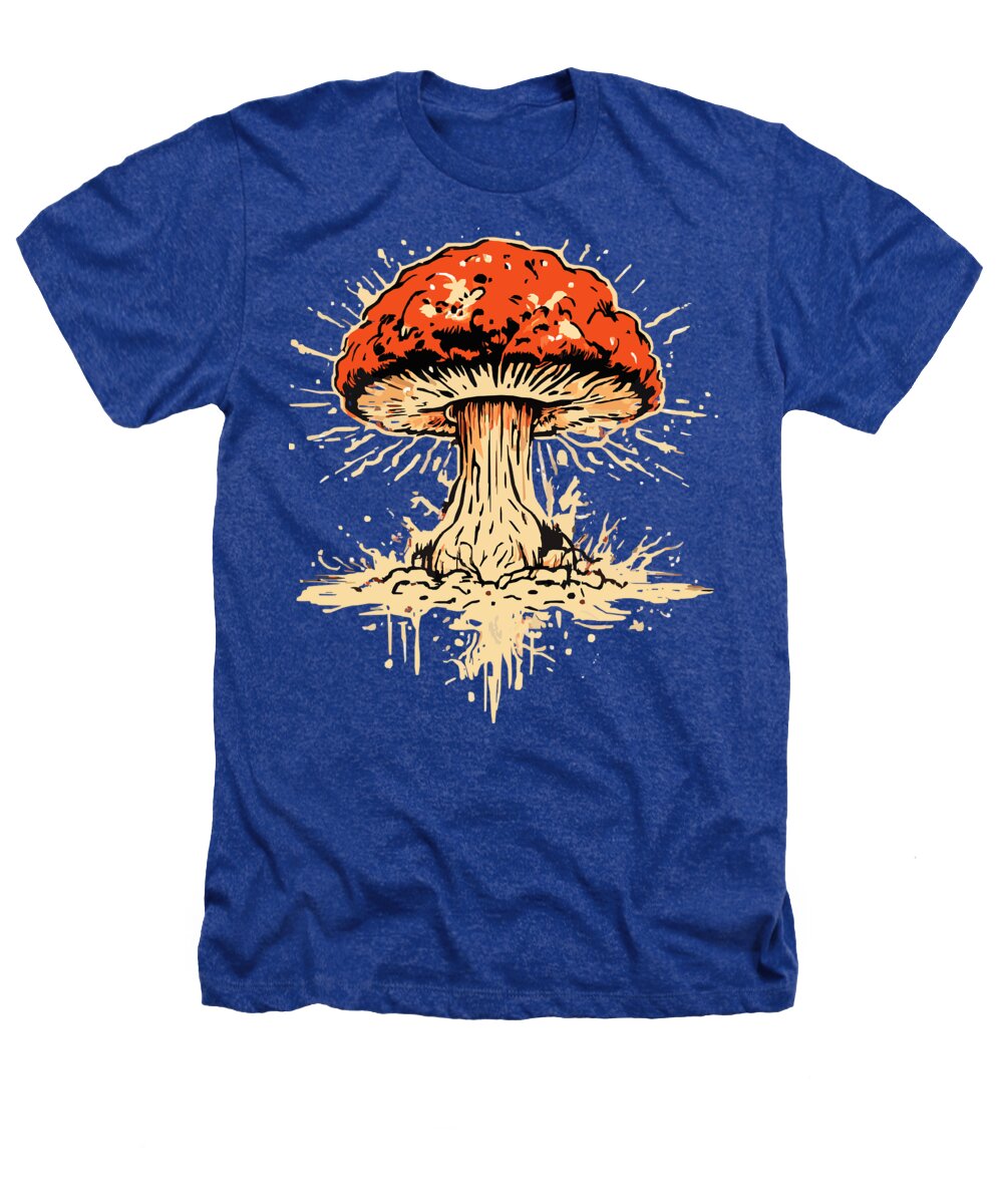 Royal blue heather t-shirt with orange mushroom graphic and splatter front print