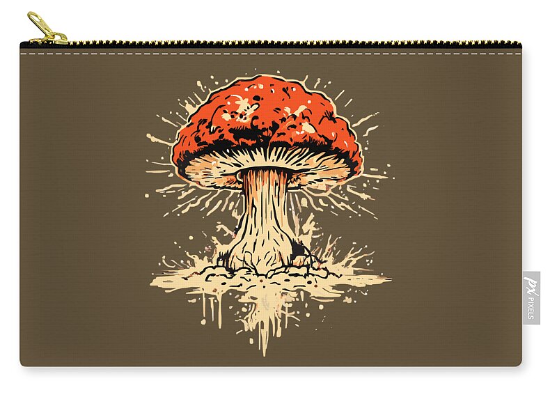 Dark olive zip pouch with gold zipper pull and explosive mushroom illustration