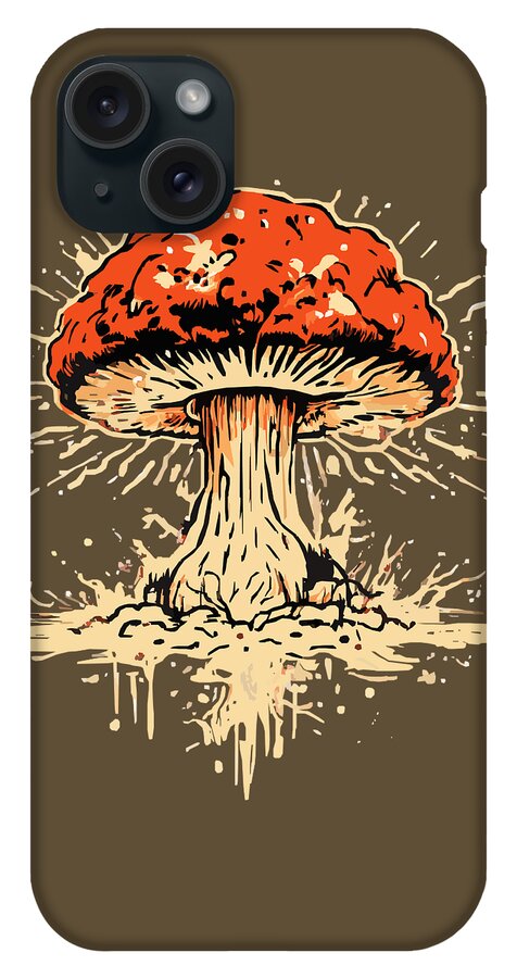 Olive phone case with orange exploding mushroom graphic and three-lens camera cutouts