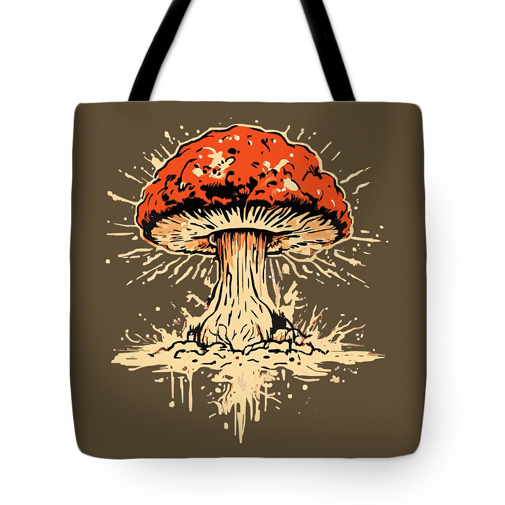 Dark brown canvas tote bag with black straps and orange mushroom burst illustration