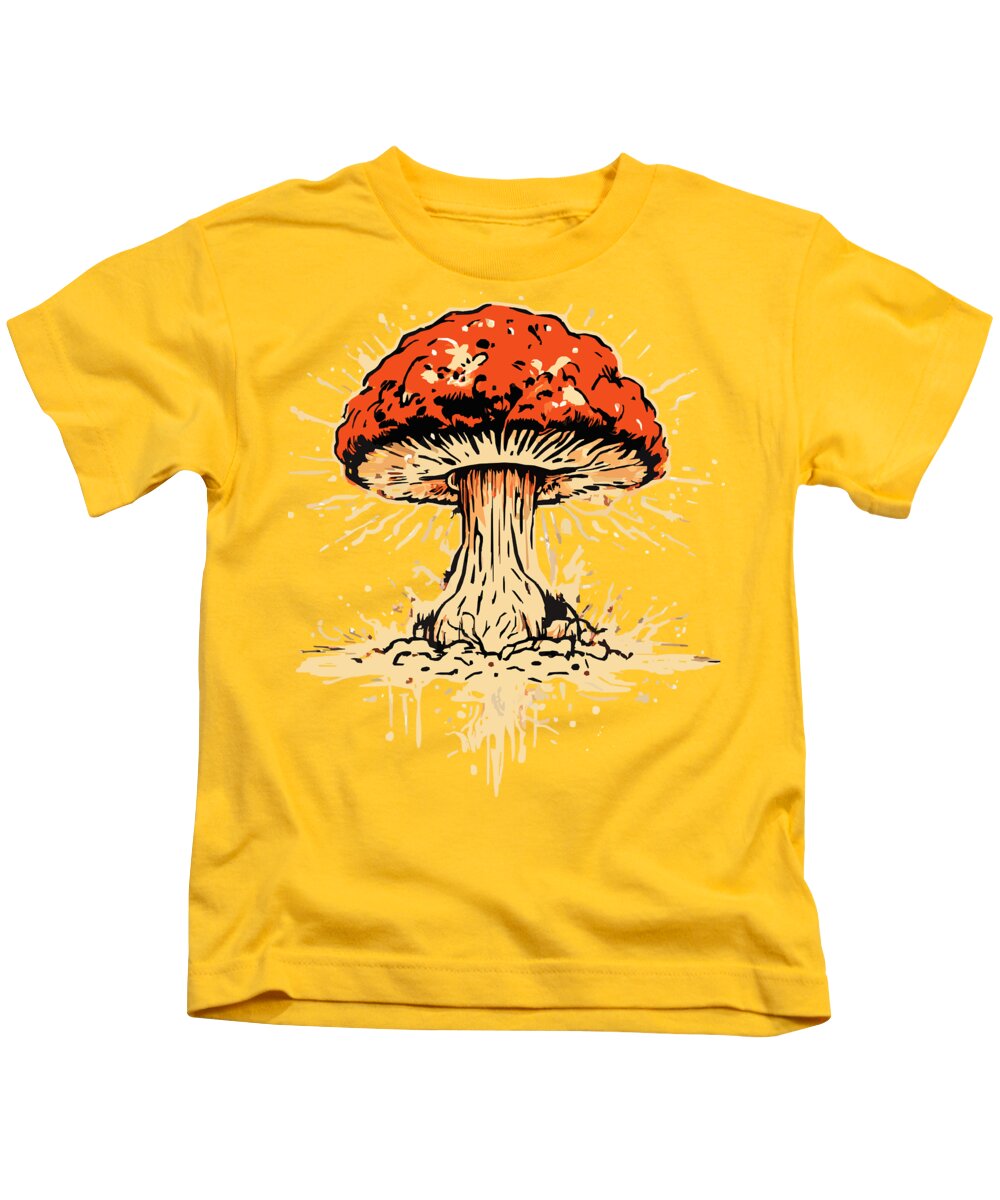 Kids T-shirt in yellow with orange mushroom graphic and splash accents, crew neck