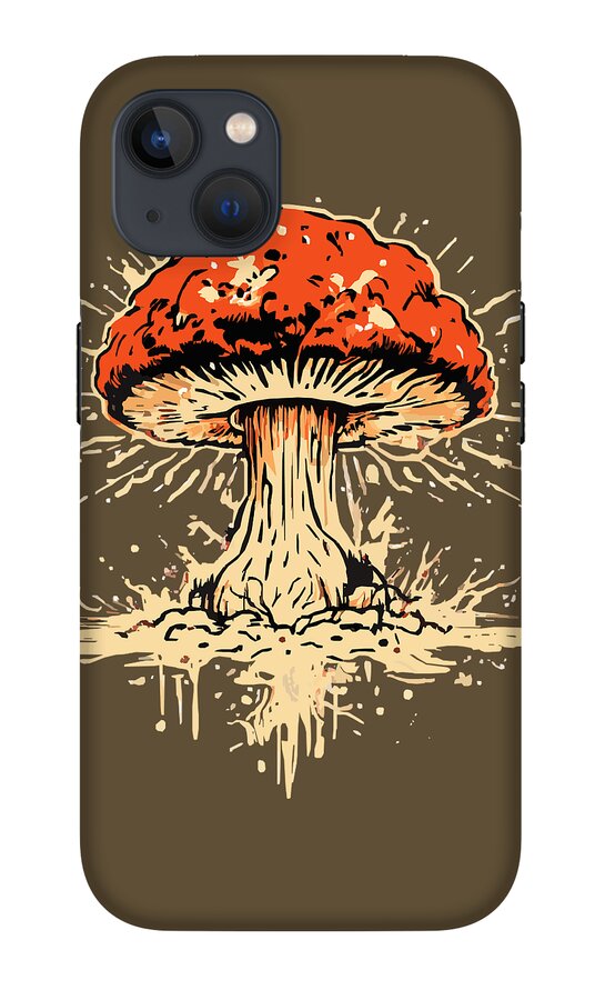 Brown phone case with orange-and-white mushroom graphic and quad camera cutout
