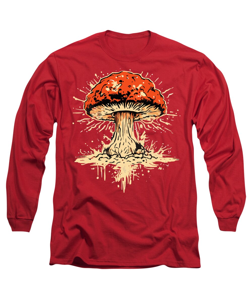 Red long-sleeve T-shirt with orange mushroom graphic on front.