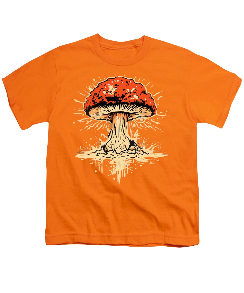 Orange youth T-shirt with exploding mushroom graphic print on front